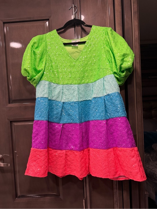 QUEEN OF SPARKLES Dresses & Skirts - QUEEN OF SPARKLES Neon Green Multi-Color Sequin Mini Dress